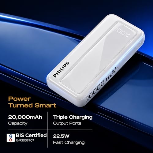 Image of Philips 20000mAh 22.5W Fast Charging Power Bank (Alba White) with Digital LED Display | Type-C & USB-A Input /Output | 3 Output Ports | Lithium Polymer | Portable for Mobile, Tablet & Earbuds