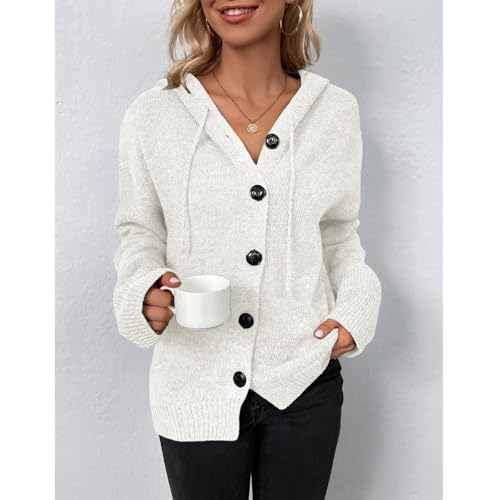 Blostirno Women's Casual Hooded Cardigan Sweaters V Neck Button Down Long Sleeve Kint Cardigans Coat2