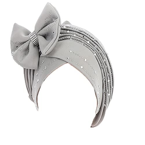 JDYaoYing Women Shinny Beading Turban Hat Head Wrap Cap with Big Bow Pre-Tied Beanie Muslim Ruffle Cap Gray