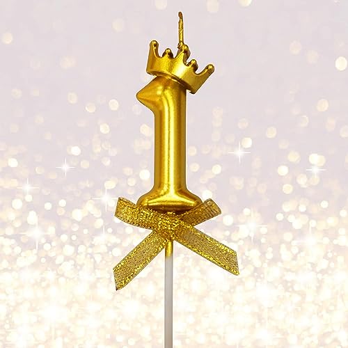 Image of 1 Pc 1 Number Candle for Birthday Cake Metallic Gold Number Candle with Crown on Top for Anniversary Cake Topper 1st Birthday Cake Decoration (Pack of 1, Gold).