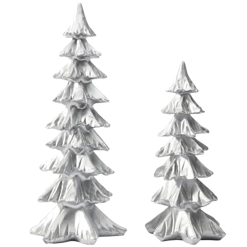 DN DECONATION Silver Christmas Tree Figurines, Set of 2 Modern Tabletop Xmas Trees, Metallic Resin Pine Decor for Mantel, Fireplace, TV Stand and Coffee Table Centerpieces