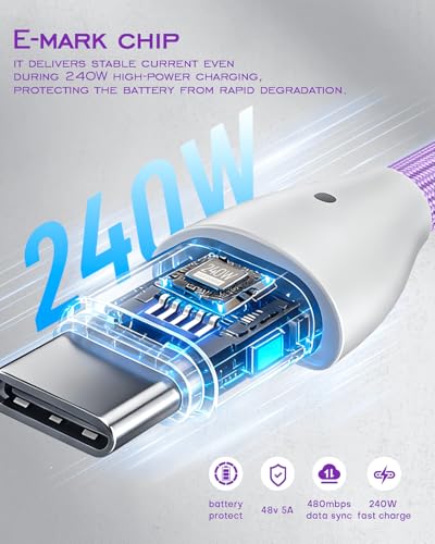 Image of Short USB C Cable PD 240W(2 Pack), 6 Inch Keychain USB C Cable /Phone Lanyard USB-C to Type-C Cables /Fast Charging Cable for Phone17 /16 /15 Samsung Galaxy Tablet Laptop External SSD(Purple)