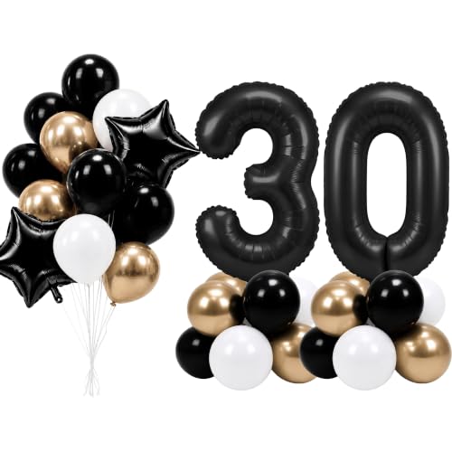 Image of PartyWoo Black Number 30 Balloon 40 Inch 25pcs Black Foil Star White Gold