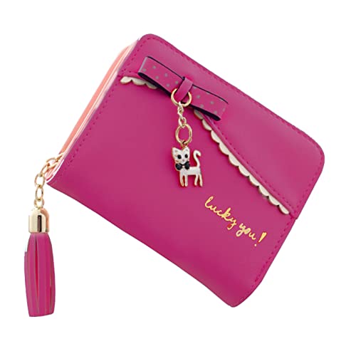 Suxgumoe Small Wallet for Women Girls PU Leather Bifold Short Wallet Tassels Cute Cat Women Wallet Ladies Purse with Coin Pocket (ROSE RED)