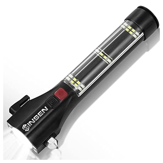 SINSEN Car Safety Hammer Flashlight, Tactical Emergency Rescue Tool, LED High Lumens Rechargeable Solar Powered Escape Kit, Window Glass Breaker and Seatbelt Cutter, Self Defense Multi-Function Torch