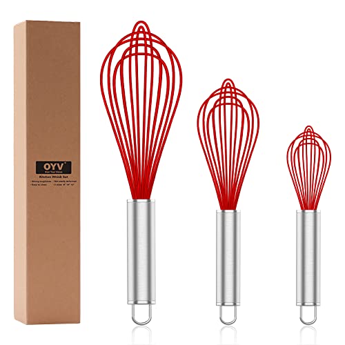 Image of OYV Silicone Rubber Whisk,Premium Whisks For Cooking Non Scratch,Stainless Steel & Silicone Wisk For Nonstick Cookware Pans, High Heat Resistant kitchen Whisks set of 3,Red