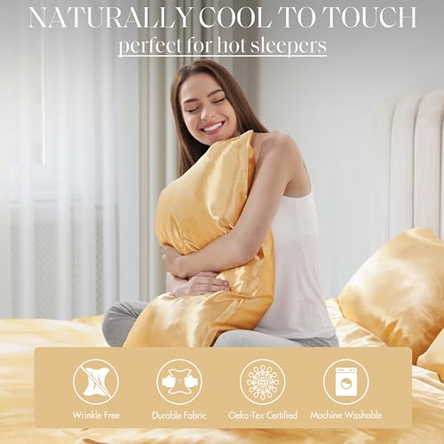Image of Madison Park Essentials Satin Sheets Cal King Size Bed Set, 6 Piece, Gold | Luxury and Smooth Silky Bedding with Natural Sheen, All Around Elastic 14 inch Pocket fits up to 16 inch Mattress, Year-Round Cozy