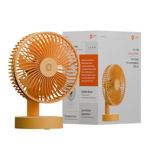 Image of Orient Electric Elfie Rechargeable Personal Fan | 90 Adjustable Airflow | 1800 mAh Battery | 4 Speed Modes | Quiet Operation | USB Type-C Charging | Compact Mini Fan | Tangerine Orange