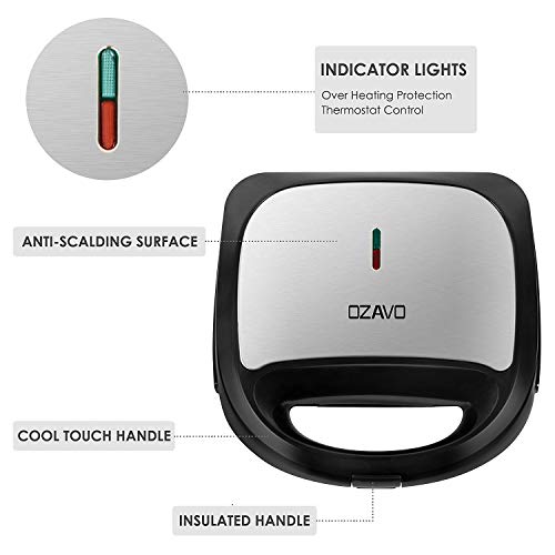 OZAVO Sandwichmaker 3 in 1, Waffeln, Paninitoaster, 3 abnehmbare Grillplatten, Tisch-Grill für Toast, Waffeln, Fleisch, Schwarz, 750W – Bild 3
