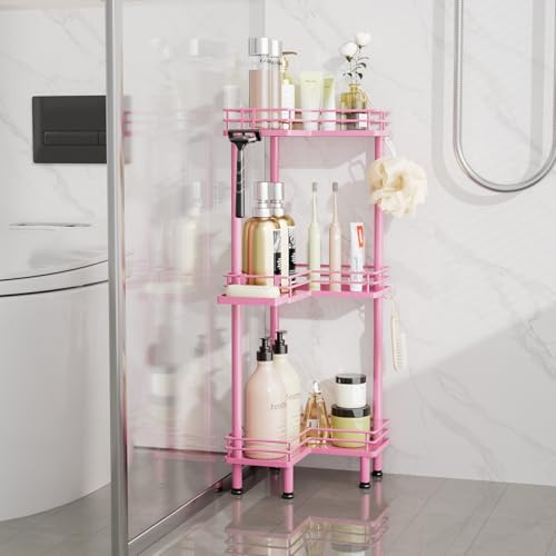 Image of Consumest Corner Shower Caddy Standing - 3-Tier Stainless Steel Shower Organizer with Soap Holder and 4 Hooks, Large Capacity Corner Shelf Stand for Bathroom, Rest Room, Pink