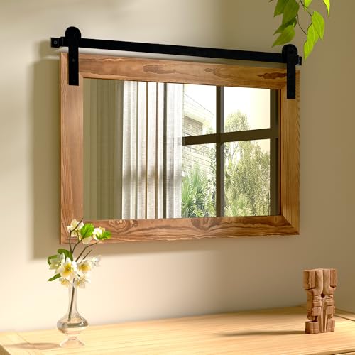 Image of COGOOD Farmhouse Barn Door Mirror - 25 X 18 Rustic Wood Framed Decrative Mirror for Bathroom, Living Room, Entryway Wall Decor (Brown)