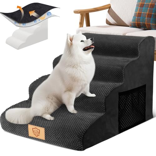 Pawchop Dog Steps for Bed, 4-Step Dogs Stairs with Removable Cover, Waterproof High Density Foam Pet Steps for Sofa, Non-Slip Dog Ramp Ladder for Injured Older Small Pets, Black, 73 x 40 x 51cm