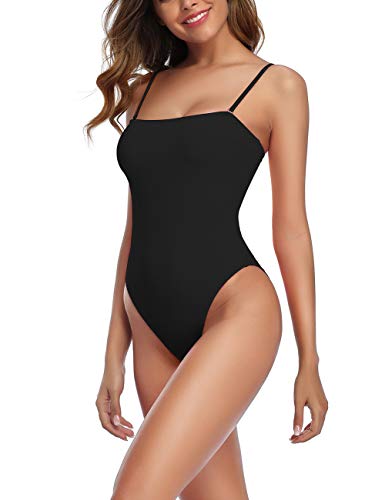 Eomenie Women One Piece Swimsuit High Cut Swimwear Backless Monokini Removable Strap Bathing Suit in Black White