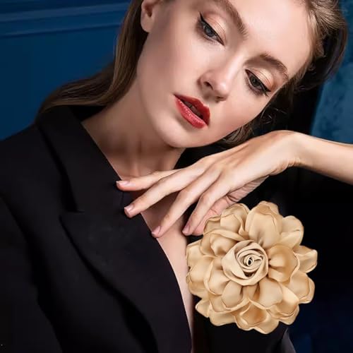 Image of Extra Large Satin Fabric Flower Brooch for Women Elegant Rose Camellia Floral Brooch Pin Handmade Big Satin Fabric Flower Statement Brooch Pin Vintage Clothing Hat Bag Accessories Christmas Wedding Bridal Birthday Jewelry