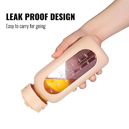 Image of CIVAGO 32 oz Glass Water Bottle with Straw and Handle, Large Sports Motivational Water Bottle Flask with Time Marker and 2 Lids, Leakproof Water Jug Canteen with Silicone Sleeve for Gym,Beige