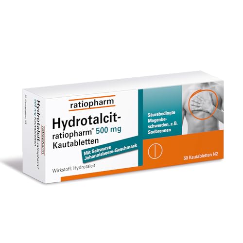 Hydrotalcit-ratiopharm 500 mg Kautabletten Schnelle Linderung von säurebedingten Magenbeschwerden wie Sodbrennen 50 Kautabletten
