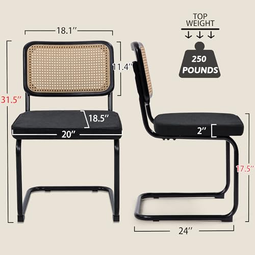 KROFEM 17.5\" Modern Cesca Cane Dining Chairs, Set of 4, Handwoven Rattan Cane Back, Chrome Base, Upholstered Cotton Seat, Ideal for Kitchen or Dining Room, Black - Thumbnail 2