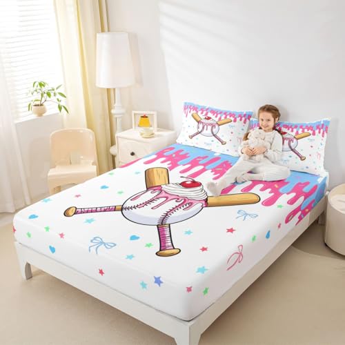Image of Castle Fairy Baseball Cream Bed Sheets Queen Size,Ball Gaming Sweet Bowknot Bedding Set, Cute Sport Style Boys Girls Room Decor,Pink Bule White Sheet(Fitted+Flat+2 Pillowcases)