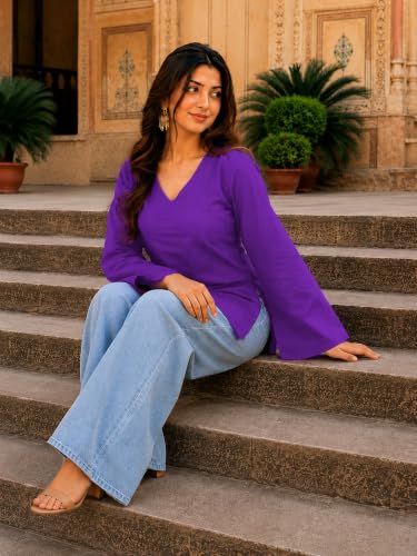 Image of Women's Cotton Short Kurti Black Solid Plain V Neck Full Bell Sleeve Casual Stylish Short Kurta for Women for Jeans Daily Girl Top