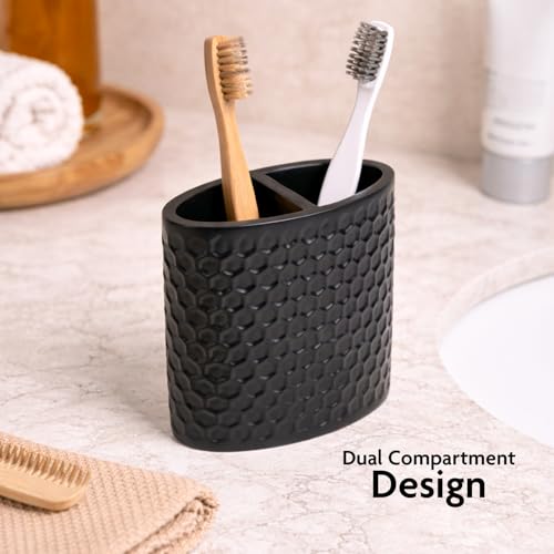 Image of MARKET 99 Black Diamond Cut Toothbrush Holder | Matte Black Polyresin Bathroom Organizer | Oval Toothbrush Stand for Bathroom Vanity, Wash Basin & Dental Accessories