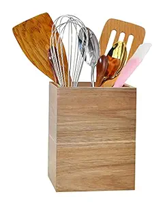 Spiretro Kitchen Utensil Holder, Decorative Kitchenware Organizer Crock Stand to Storage Cutlery, Silverware, Spoons, Spatulas, Cooking Tools Cup, Solid Acacia Wood Caddy for Countertop, Natural Brown