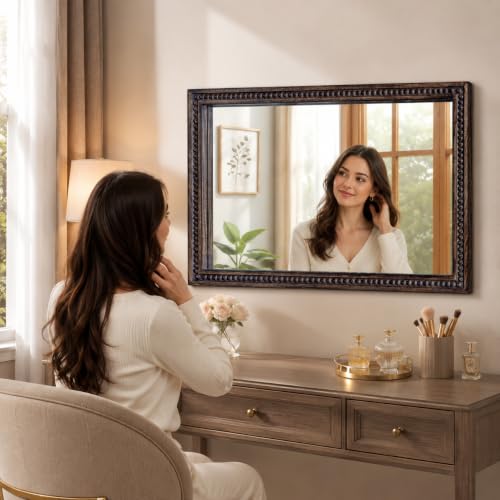 Image of Wooden Bathroom Wall Mirror,Solid Frame Vanity Mirror,36x24x1.25 inch Burnt