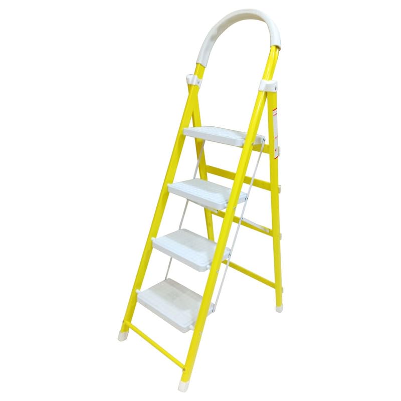 4 Step Steel Step-Ladder for Home | Heavy Duty Foldable Ladder with Wide Ant-Slip Steps and Anti-Skid Shoes - Yellow