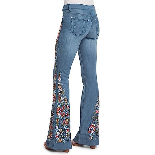 Floral Embroidered Wide Leg Bell Bottoms Pants for Women - Retro Leg Denim Flare Embroidered Jeans 70S Bell Bottom Pants (3X-Large, Light Blue)3