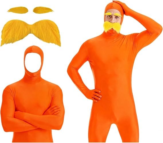 Orange Jumpsuit Costume, Carnival Costume, 2 PCS Orange Costume with 1 Orange Body Suit + 1 Yellow Mustache and Eyebrows, Full Body Suit with Exposed Face for Halloween Christmas Carnival Adults