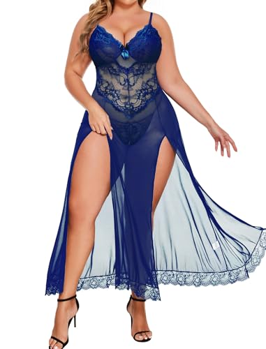 Image of Alrovetoney Plus Size Lingerie For Women Babydoll Sexy Mesh Maxi Nightdress Exotic Sleepwear Side Slits