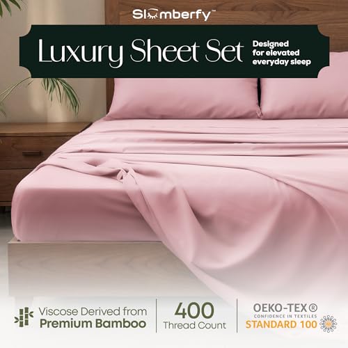 Image of Slumberfy 3-Piece 400 TC Viscose Derived from Bamboo Sheets, Twin XL Size - 1 Fitted, 1 Flat, 1 Pillow Case - Deep Pocket Cooling Viscose-Bamboo Bed Sheets in Magnetic Closure Gift Box, Light Pink