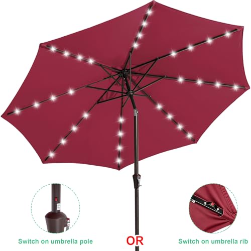 Image of JEAREY 9FT Outdoor Patio Umbrella with Solar Lights, LED Lighted Pool Umbrella with Tilt and Crank, Outdoor Table Umbrellas for Deck, Yard & Market (Burgandy)