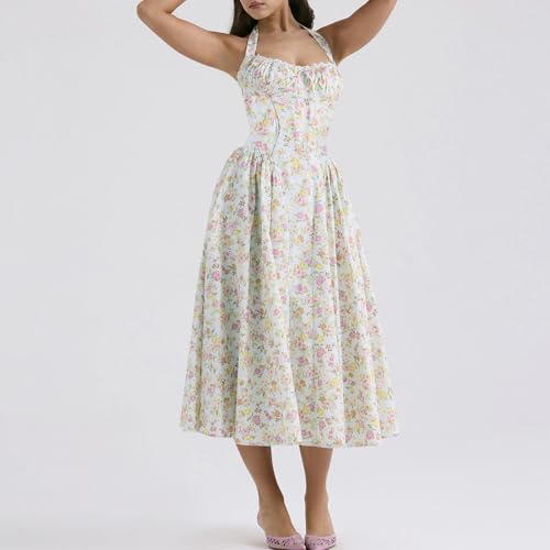 Image of Women Floral Corset Dress Halter Neck Low Cut Bustier Lace Midi Dress Flowy Pleated Hem Long Sundress with Pockets