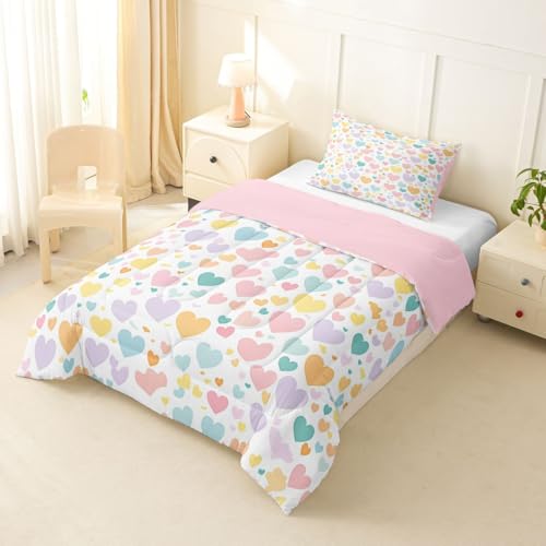 Image of Erosebridal Girls Heart Pattern Toddler Bedding Set Rainbow Heart Comforter Set for Kids Girls Kawaii Valentine Theme Comforter Cartoon Geometric Duvet Insert