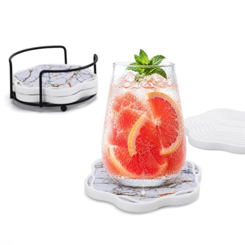 Silicone Coasters Set of 4 with Holder for Drinks Absorbent, Marble White,