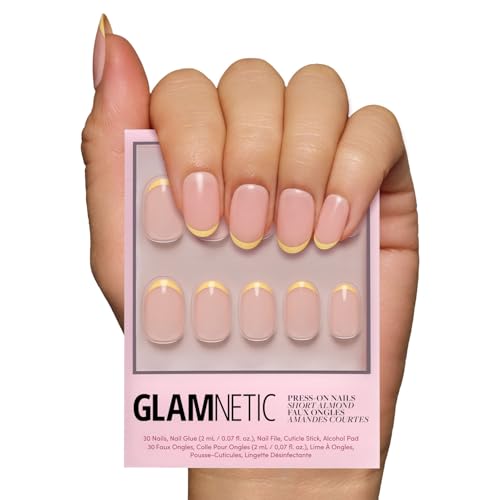 Glamnetic Press On Nails - French Butter | Short Round Fake Nails with Yellow French Tips and Glossy Finish, Salon Quality | 15 Sizes - 30 Nail Kit with Glue