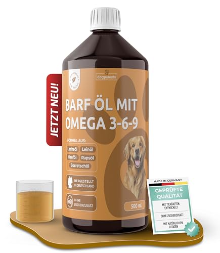 5-in-1 Barf Öl Hund [Made IN Germany 100% NATÜRLICH & LABORGEPRÜFT] Omega 3-6-9 Komplex mit Premium Lachsöl Leinöl Rapsöl & Borretschöl Kaltgepresstes Futteröl (500ml)