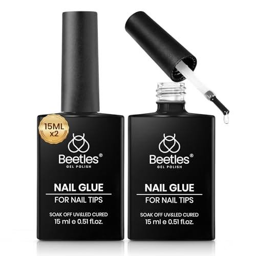 Beetles 2Pcs 15ml Gel Nail Glue for Acrylic Nail Tips, UV Nail Glue for Clear Press-On Nails, Clear Self-Leveling Nail Extension Gel, Low-Odor Formula, Long-Lasting Wear for DIY & Salon Use