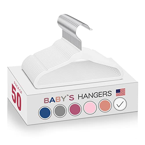 Image of MOERKADA White Velvet Kids Hangers 50 Pack - 11" Ultra Thin Non-Slip Clothes Hangers for Baby/Toddler/Daycare | 360° Rotating Hooks, Space-Saving Nursery Organization