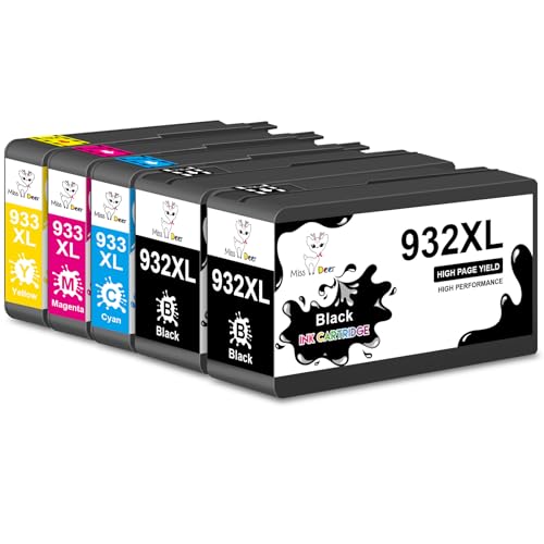 Miss Deer Cartucho de Tinta 932XL 933XL Compatible con HP 932 933 Tinta de Trabajo con HP OfficeJet 6600 6700 7110 7510 7612 7610 6100 Impresora,5 Paquete (2 Negro,1 Cián,1 Magenta,1 Amarillo)