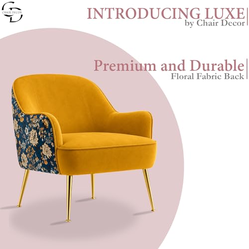 Image of Velvet Wingback Accent Chair for Living Room | Luxury High Back Tufted Armchair with Glossy Metal Legs | Modern Velvet Upholstered Lounge Chair for Home & Office | 1 Pc (Mustard Floral)