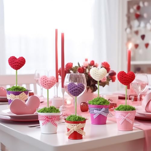 Threehoney 5個 バレンタインデー ニット ハート 装飾 ミニ フェイク モス 自立 鉢植えサインセット ハート型 植木鉢 卓上 センターピース ティアード トレイ 装飾 恋人、家族 バレンタインギフト 友人 [4]