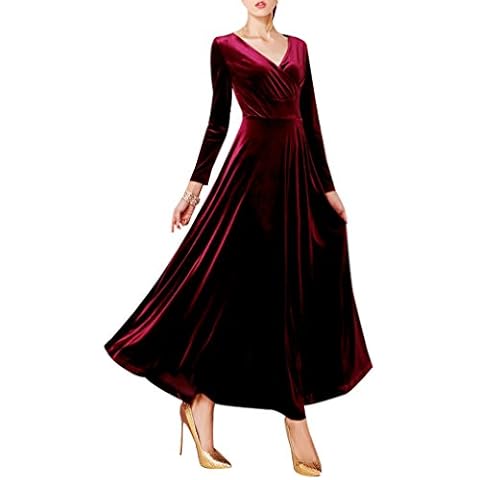 Yasong Women Long Sleeve Full-Length V-Neck Velvet Dress Maxi Evening Party Dress Wine UK 16 Cover