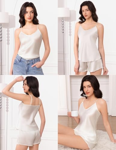Image of THXSILK Silk Women's Pajama 2 Piece Set 6A+ Grade 100% Mulberry Silk Nightgown Soft Luxury V Neck Cami Shorts Sets Sleepwear