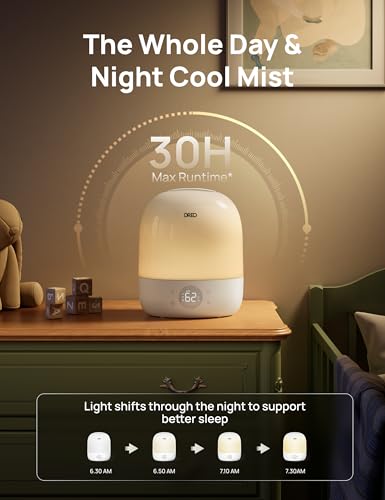 Image of DREO Humidifiers for Bedroom - 30H Max Runtime & RGB Night Light & Sleep Trainer, Ultra Quiet 28dB Cool Mist Humidifier, Top Fill Smart Air Humidifier for Plants, Perfect for Baby & Nursery, HM409S