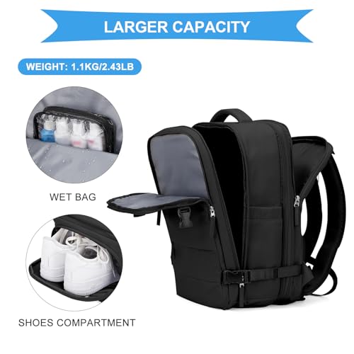 Image of coowoz Large Travel Backpack For Women Men, Carry On Backpack,Hiking Backpack Waterproof Outdoor Sports Rucksack Casual Daypack Expandable Heavy Duty Extra large Backpack Black Expansion