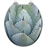 Sedile WC Rotondo con Chiusura Ammortizzata, In Resina, Colore Blu Deserto, Verde, con Primo Piano Di Una Pianta Di Agave E Spine Nere, Cerniere A Sgancio Rapido, Copertura Decorativa, Chius