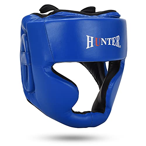 HUNTER Headguard for Professional Boxing, MMA Training Headgear, Kickboxing Head Gear, Headgear for Muay Thai, Grappling, Kickboxing, Karate, Taekwondo, Martial Arts (S/M, Blue)