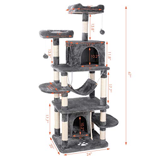 67" Tall Cat Tree, Xl Cat Tower, Multi-Level Pet Play House, Cat Climbing Stand, Activity Center, W/Perches, Scratching Posts, Hammock, Condo, Ball, Anti-Toppling Device, For Indoor Large Cat, Kitty #TOP1