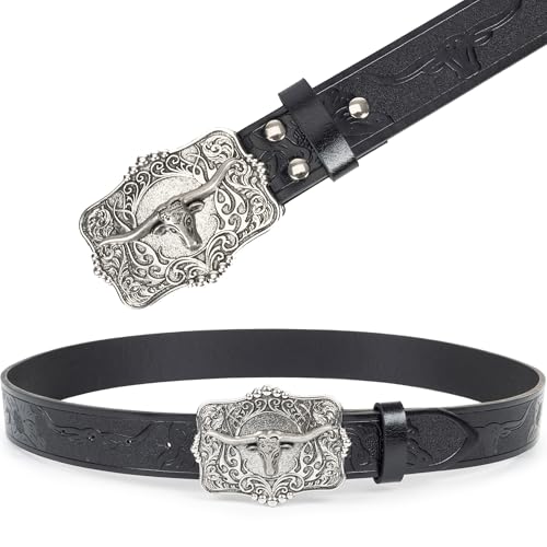 UTOWO Rodeo Western-Longhorn-Bull Cowboy-Belt for Women-Men Bull-Floral-Embossed PU-Leather Cowgirl Waist Belt for Jeans2